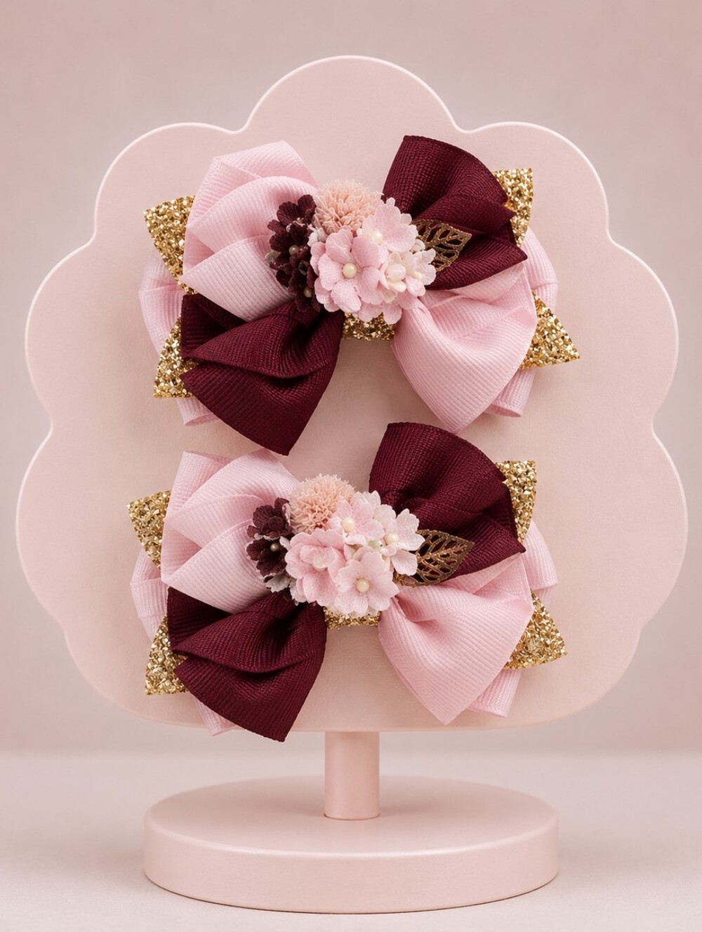 Handmade Bow Pink and Burgundy Hair Bows with Gold Accents (Set)🎀✨